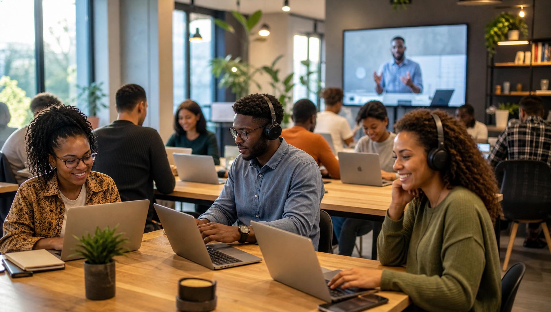 Étudiants et professionnels africains apprenant en ligne ensemble